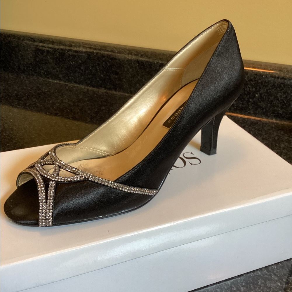 Caparros Black Satin Heels with Rhinestone Detail